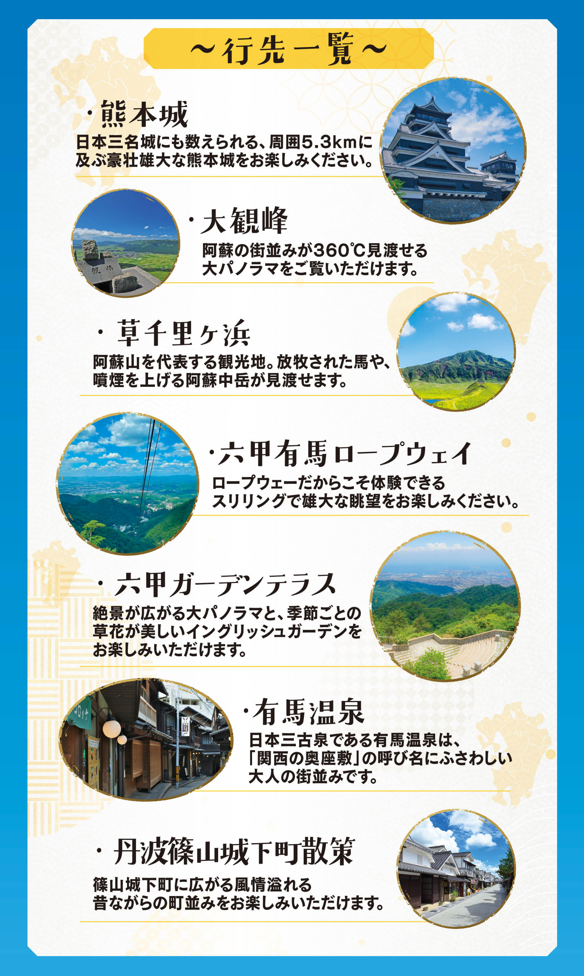 瀬戸内海クルーズ 九州絶景 熊本城 阿蘇草千里 大観峰 六甲方面 行先一覧