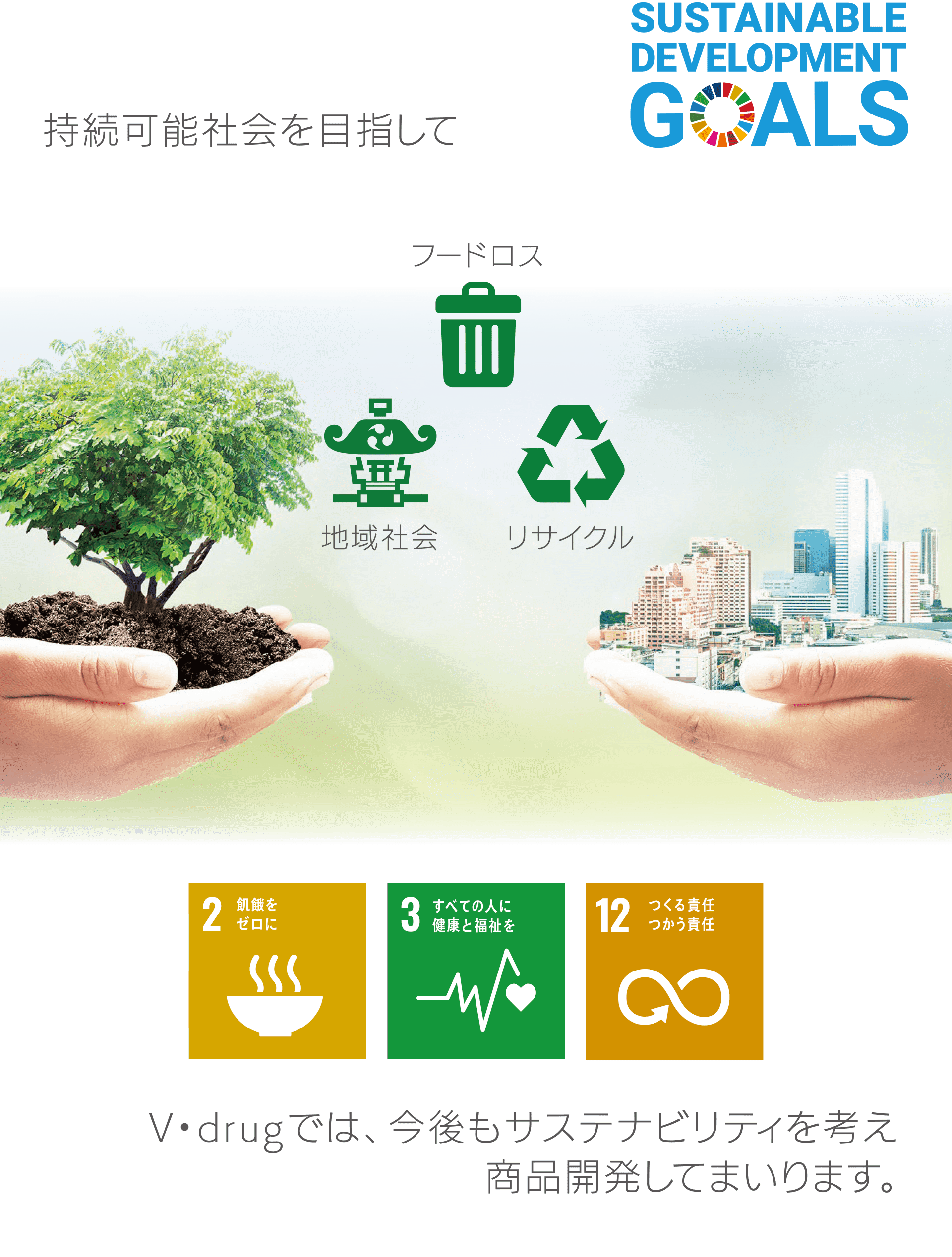 持続可能社会を目指して｜V・drugでは、今後もサステナビリティを考え商品開発してまいります。