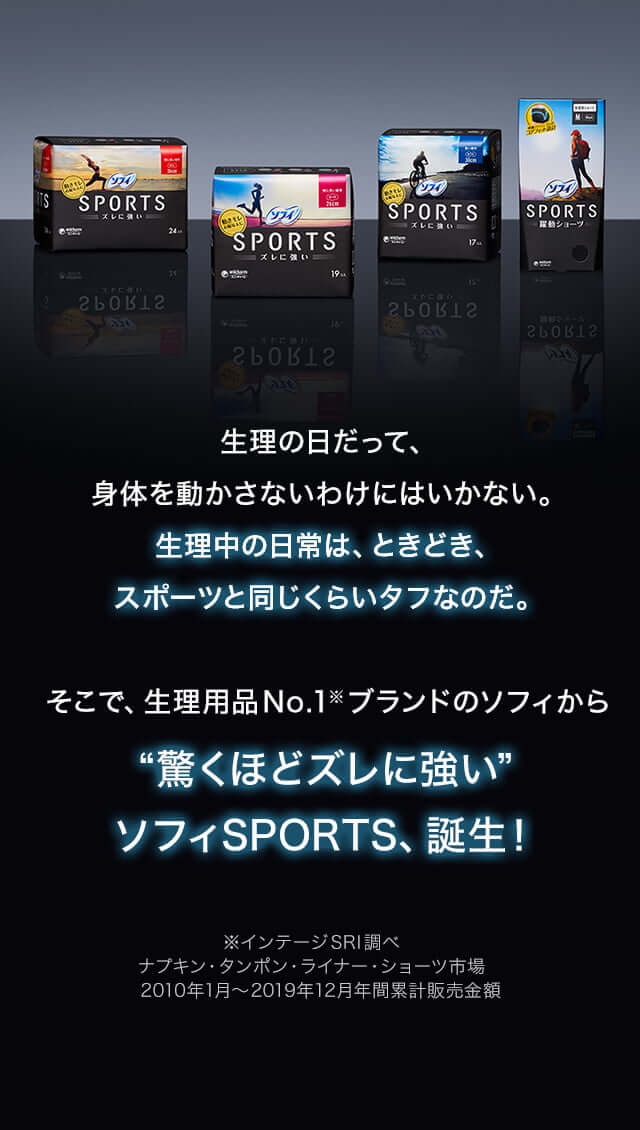 生理の日だって、身体を動かさないわけにはいかない。生理中の日常は、ときどき、スポーツと同じくらいタフなのだ。そこで、生理用品No.1※ブランドのソフィから”驚くほど、ズレに強い”ソフィSPORTS、誕生！ ※インテージSRI調べ ナプキン・タンポン・ライナー・ショーツ市場 2010年1月～2019年12月年間累計販売金額